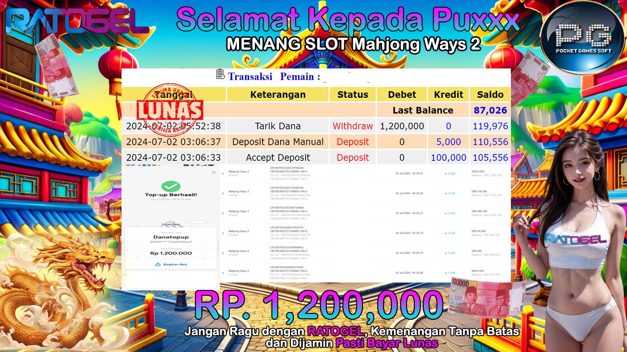 BUKTI JACKPOT SLOT MAHJONG WAYS 2 TERPERCAYA DI INDONESIA TGL 02-07-2024