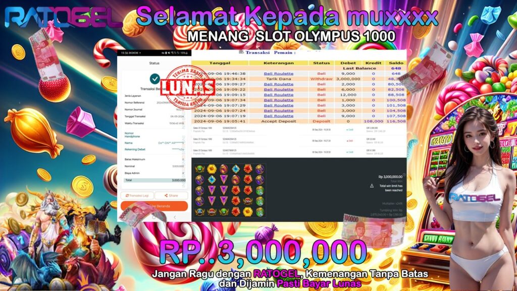 BUKTI JACKPOT SLOT GATES OF OLYMPUS 1000  TERPERCAYA DI INDONESIA TGL 06-09-2024